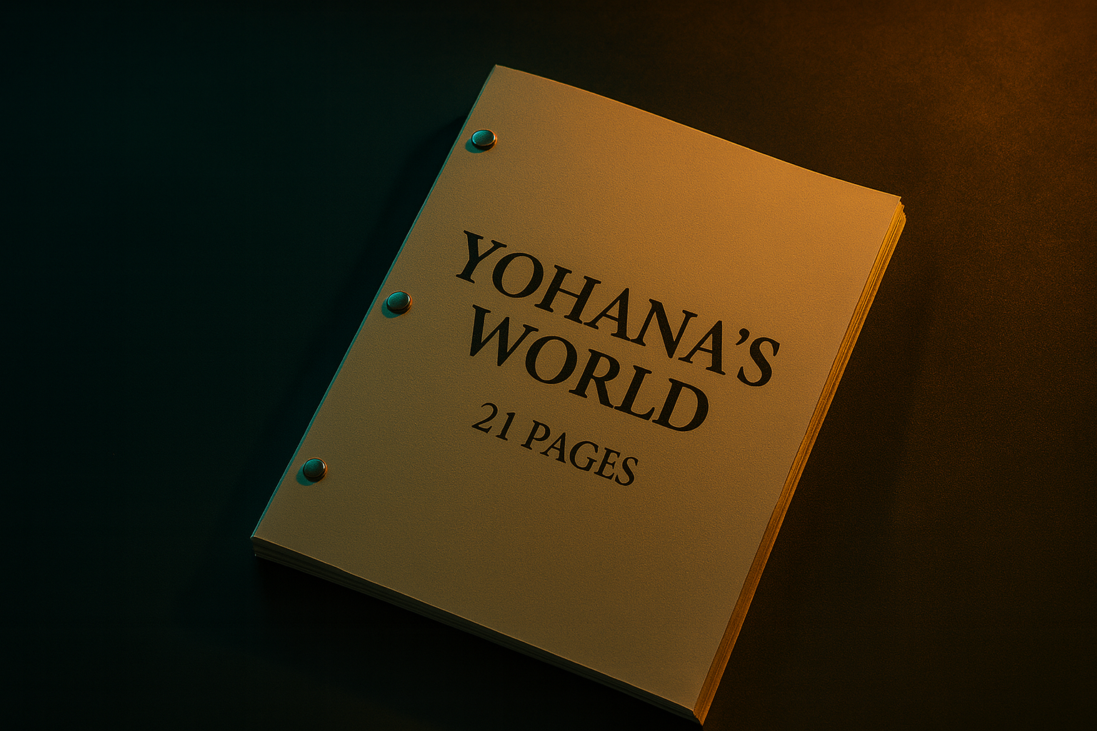 Cover page of a 21-page screenplay titled Yohana’s World, shown in dramatic teal and orange lighting on a dark surface in Yohana's World - a Psychological thriller screenplay.