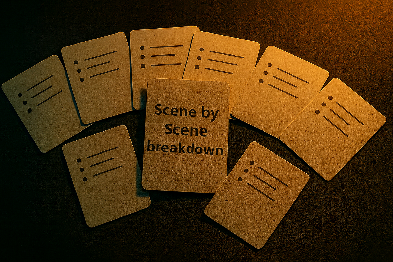 Overhead view of index cards arranged on a dark desk, with one card labeled Scene by Scene Breakdown, lit with warm noir lighting in Yohana's World - a Psychological thriller screenplay.
