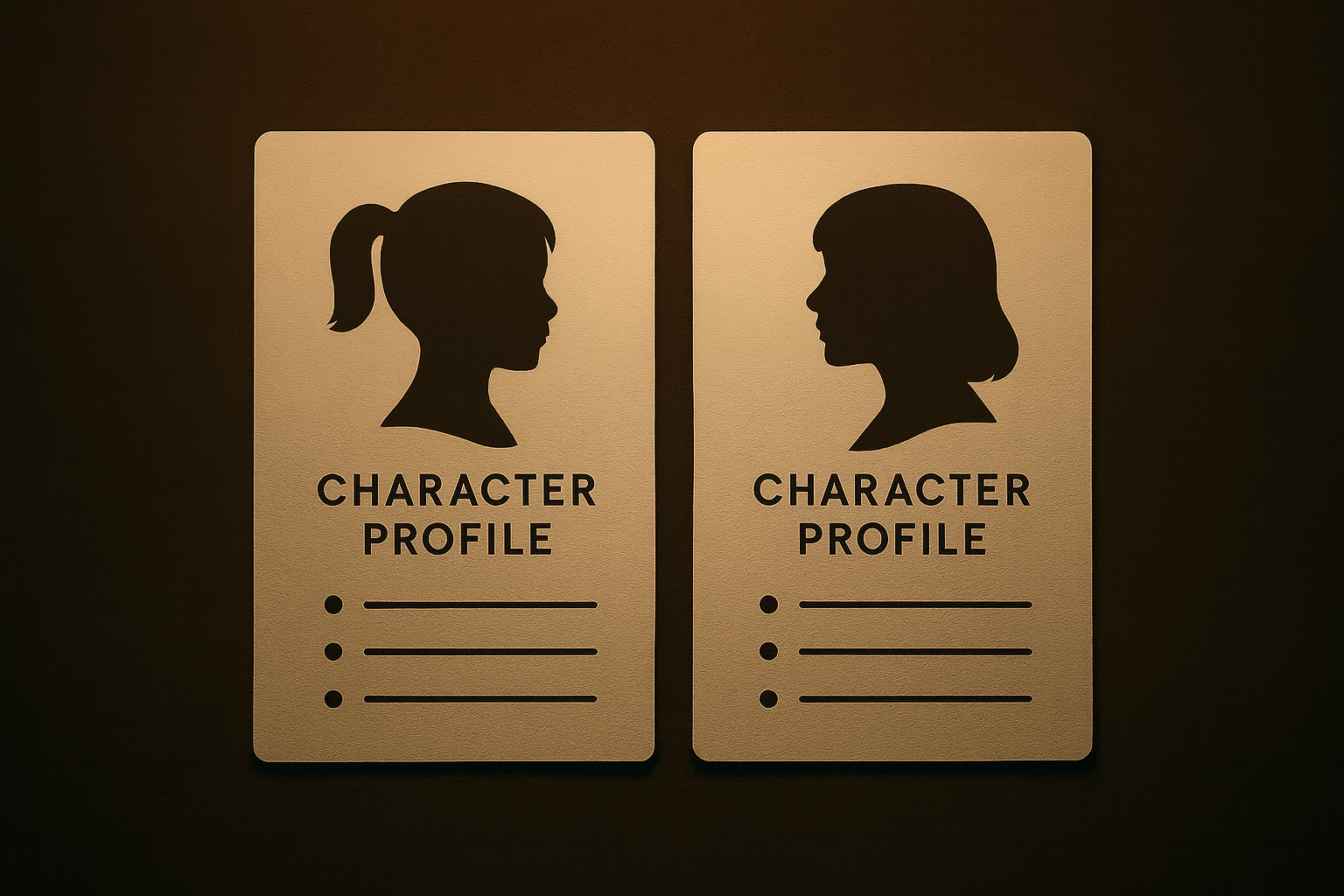Two character profile sheets with silhouette portraits of a teenage girl and an adult woman, displayed on a dark background with soft noir lighting in Yohana's World - a Psychological thriller screenplay.