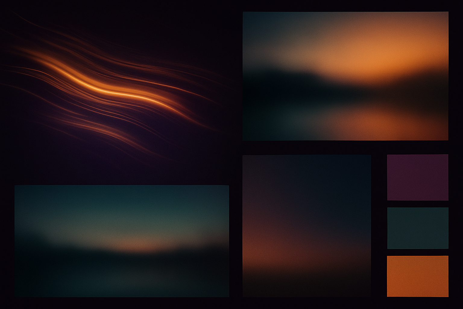A cinematic collage of blurred landscapes, abstract light streaks, and color swatches in purple, teal, and orange representing the tone and atmosphere of Yohana’s World - a Psychological thriller screenplay.