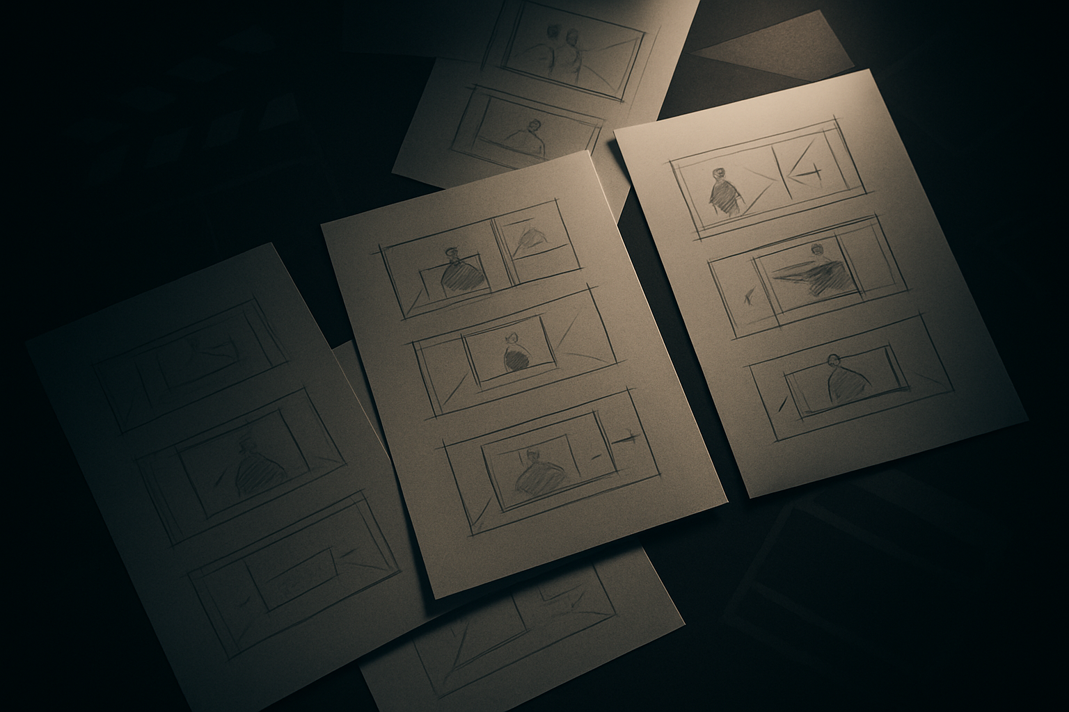 Overhead view of shooting-script pages featuring hand-drawn camera diagrams and framing sketches under dramatic noir lighting in Yohana's World - a Psychological thriller screenplay.
