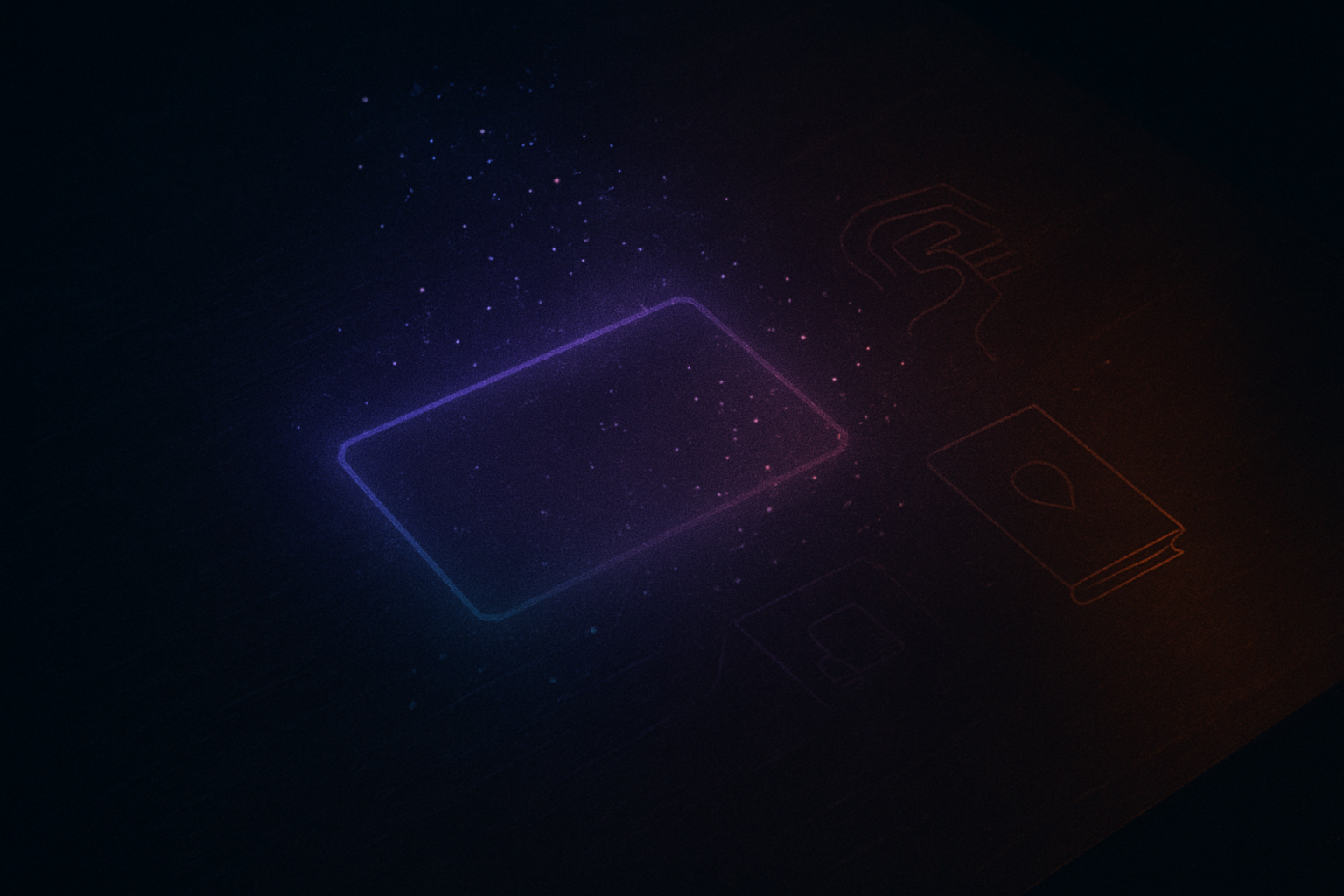 Abstract overhead image of a glowing rectangular frame on a dark desk with drifting particles forming subtle maze and journal-like shapes, symbolizing AI-assisted storytelling in Yohana's World - a Psychological thriller screenplay.